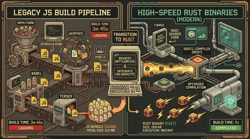 Illustration showing legacy JS build pipeline transitioning into high-speed Rust binaries