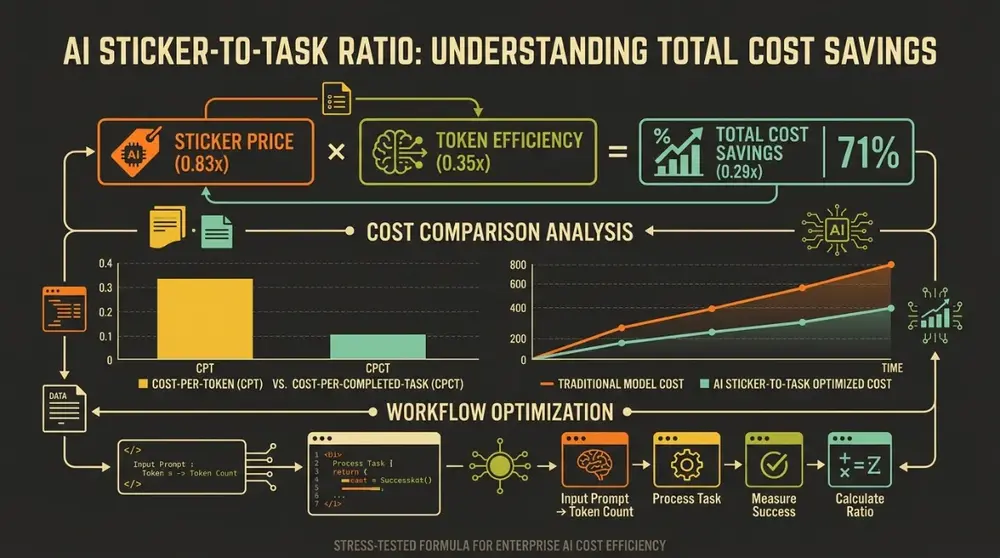 Infographic displaying the Sticker-to-Task Ratio formula comparing raw token price reductions against total agentic task completion savings